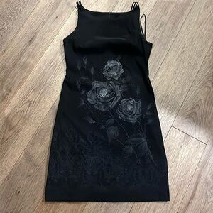 CDC vintage Y2K black dress with silver rose floral design, size 6
